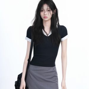 Spicy Girl College Style Fake Two-Piece Lapel Short Sleeve T-Shirt for Women - Fitted Shoulder Top, Trendy Y2K Fashion