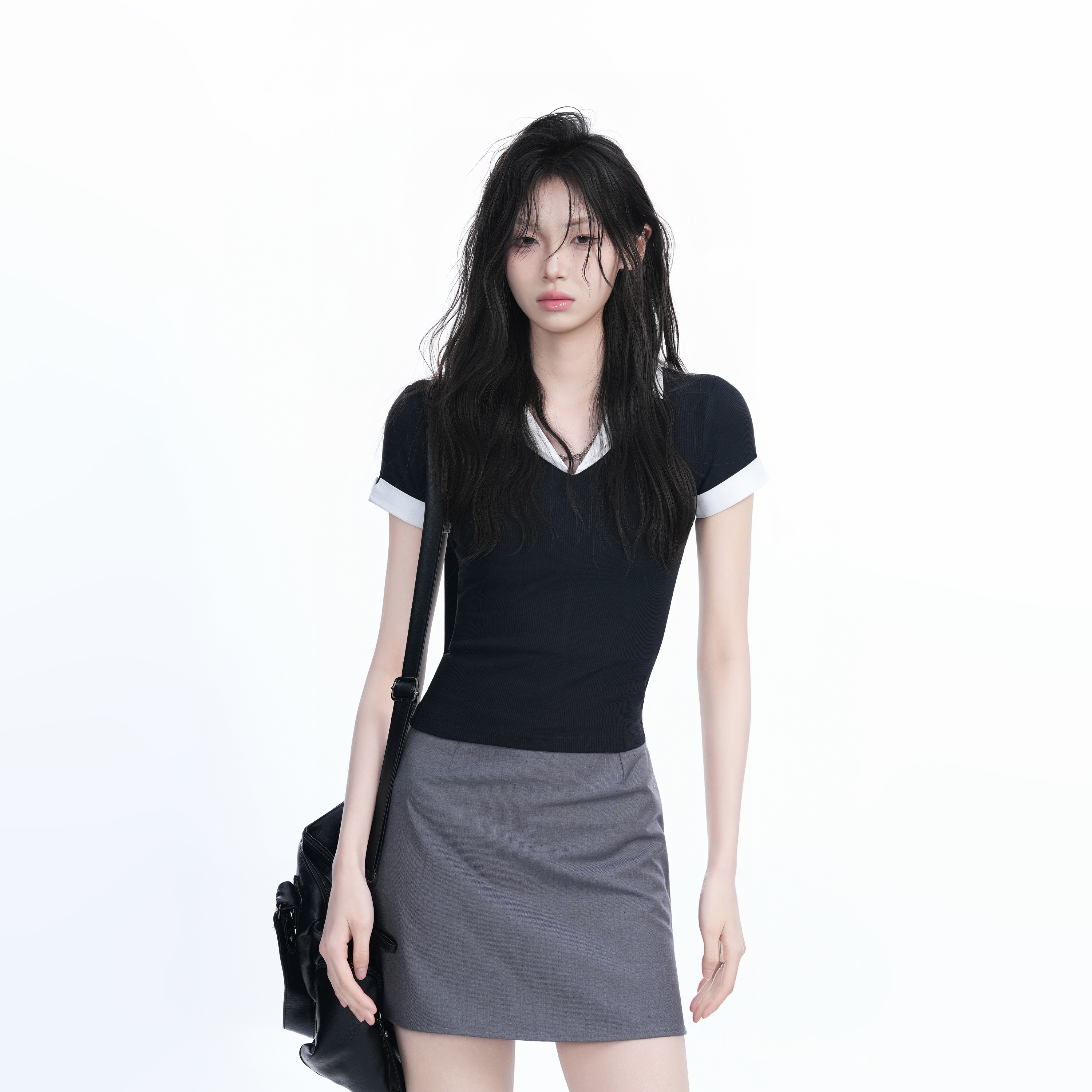 Spicy Girl College Style Fake Two-Piece Lapel Short Sleeve T-Shirt for Women - Fitted Shoulder Top, Trendy Y2K Fashion