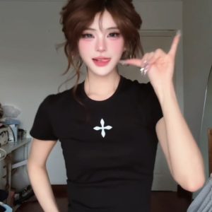 Spicy Girl Cross Print Shoulder T-Shirt for Women - Vintage Slim Fit Short Sleeve Top - Summer American Style Trend