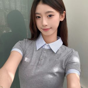 Spicy Girl Embroidered Polo Collar Short Sleeve T-Shirt - Slim Fit Two-Piece Look for Women - Summer 2025 Trendy Fashion Top