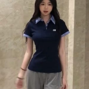 Spicy Girl Embroidered Polo Collar Short Sleeve T-Shirt - Slim Fit Two-Piece Look for Women - Summer 2025 Trendy Fashion Top