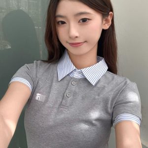 Spicy Girl Embroidered Polo Collar Short Sleeve T-Shirt - Slim Fit Two-Piece Look for Women - Summer 2025 Trendy Fashion Top