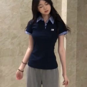 Spicy Girl Embroidered Polo Collar Short Sleeve T-Shirt - Slim Fit Two-Piece Look for Women - Summer 2025 Trendy Fashion Top