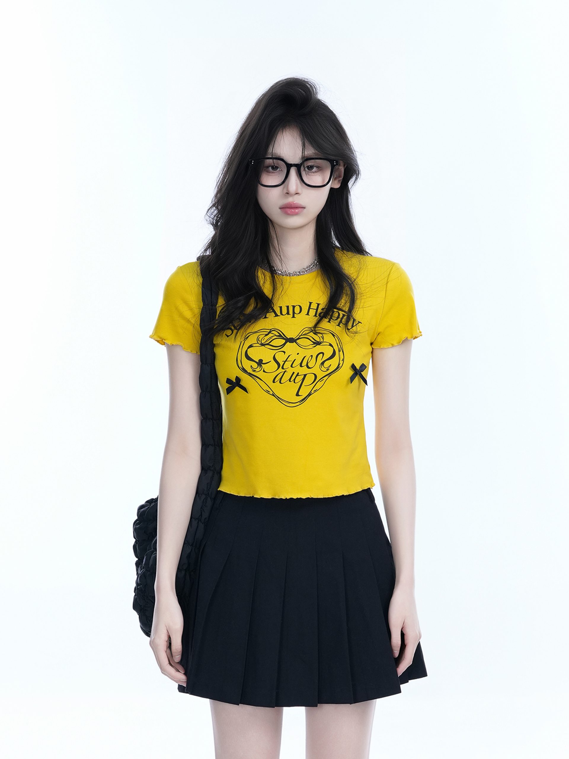 Spicy Girl Heart Bow Short Sleeve T-Shirt - American Style Slim Fit Top with Mountain Print - Y2K Fashion Spicy Girl Heart Bow Short Sleeve T-Shirt - American Style Slim Fit Top with Mountain Print - Y2K Fashion