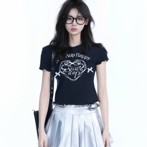 Spicy Girl Heart Bow Short Sleeve T-Shirt - American Style Slim Fit Top with Mountain Print - Y2K Fashion
