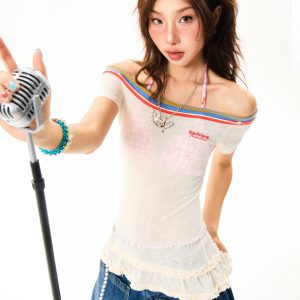 Spicy Girl Hem Spliced Lace Short Sleeve Off-Shoulder T-Shirt for Women - Summer Thin Breathable American Style