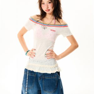 Spicy Girl Hem Spliced Lace Short Sleeve Off-Shoulder T-Shirt for Women - Summer Thin Breathable American Style