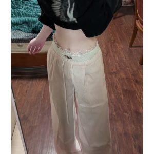 Spicy Girl Lace Patchwork Striped Cargo Pants for Women - Loose Straight Wide-Leg Hip-Hop Casual Sports Trousers