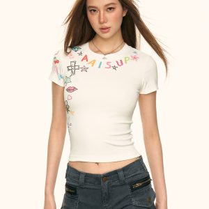 Spicy Girl Letter Graffiti Printed Short Sleeve T-Shirt for Women - American Style, Summer Casual Top, Niche Fashion