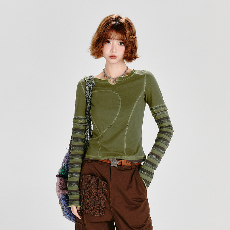 Spicy Girl Long Sleeve T-Shirt for Women with Striped Sleeves, Two-Way Wear, Slim Fit - American Style Fashion Top