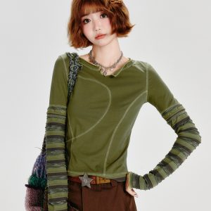 Spicy Girl Long Sleeve T-Shirt for Women with Striped Sleeves, Two-Way Wear, Slim Fit - American Style Fashion Top