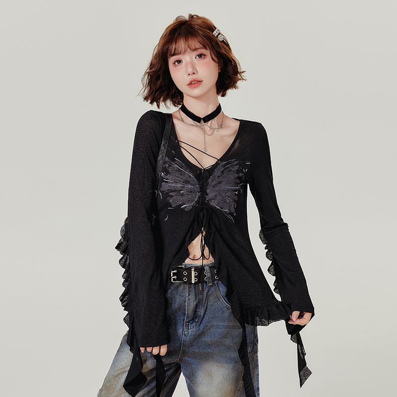 Spicy Girl Long Sleeve T-Shirt with Ruffled Edge - Women's Autumn Knit Cardigan Jacket in American Style, Casual Chic Fashion