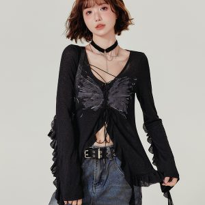 Spicy Girl Long Sleeve T-Shirt with Ruffled Edge - Women's Autumn Knit Cardigan Jacket in American Style, Casual Chic Fashion