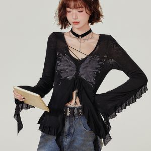 Spicy Girl Long Sleeve T-Shirt with Ruffled Edge - Women's Autumn Knit Cardigan Jacket in American Style, Casual Chic Fashion