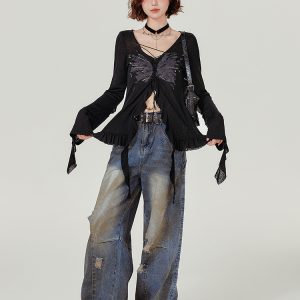 Spicy Girl Long Sleeve T-Shirt with Ruffled Edge - Women's Autumn Knit Cardigan Jacket in American Style, Casual Chic Fashion