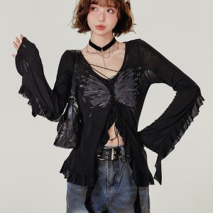 Spicy Girl Long Sleeve T-Shirt with Ruffled Edge - Women's Autumn Knit Cardigan Jacket in American Style, Casual Chic Fashion