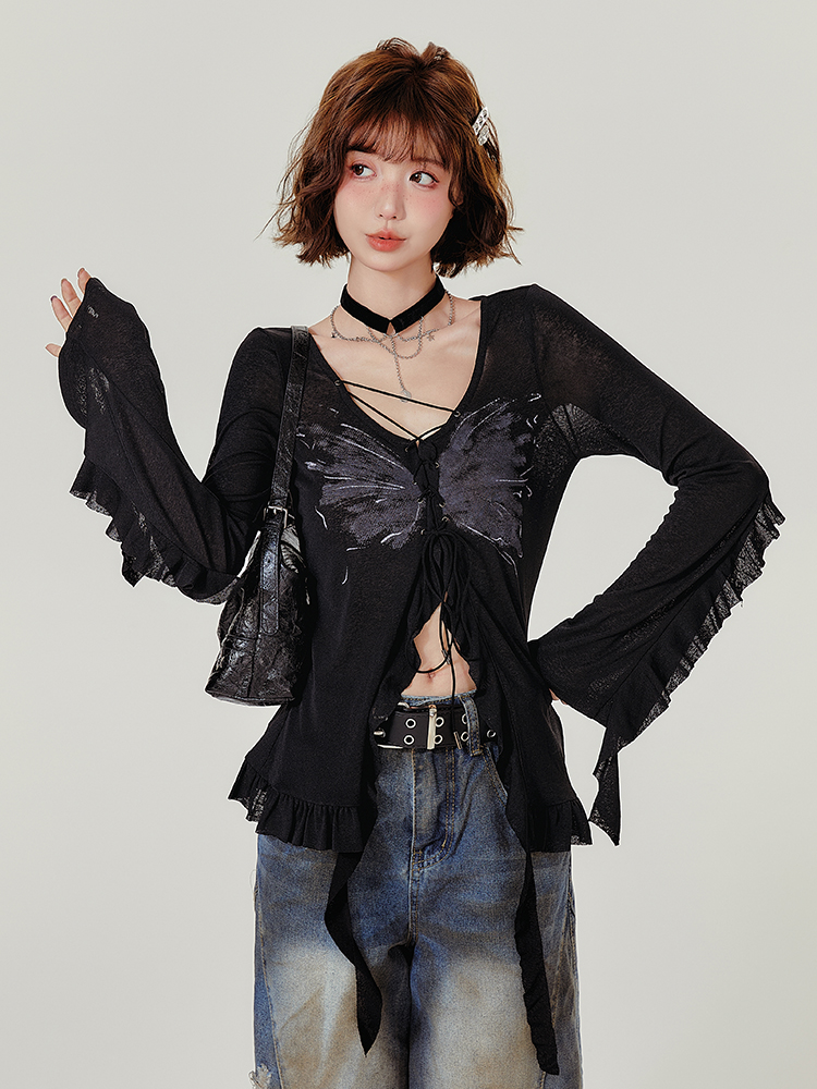 Spicy Girl Long Sleeve T-Shirt with Ruffled Edge - Women's Autumn Knit Cardigan Jacket in American Style, Casual Chic Fashion Spicy Girl Long Sleeve T-Shirt with Ruffled Edge - Women's Autumn Knit Cardigan Jacket in American Style, Casual Chic Fashion