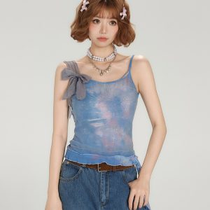 Spicy Girl Mesh Camisole for Women - American Style Summer Tie-Up Bow Fitted Top