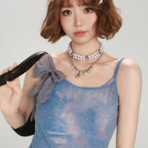 Spicy Girl Mesh Camisole for Women - American Style Summer Tie-Up Bow Fitted Top