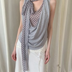 Spicy Girl Off-Shoulder Fake Two-Piece Sleeveless T-Shirt - Patterned Lazy Style Top for Women, Y2K and Casual Fashion