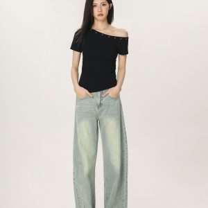 Spicy Girl Off-Shoulder Short Sleeve T-Shirt for Women - American Style Summer Slim Fit Top with Beautifully Tailored Waist