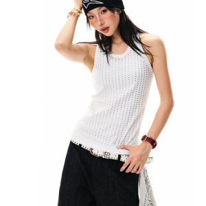 Spicy Girl Rhinestone Black Camisole - Slim Fit Summer Top for Women - American Style Fashion, Y2K Inspired