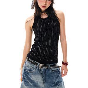 Spicy Girl Rhinestone Black Camisole - Slim Fit Summer Top for Women - American Style Fashion, Y2K Inspired