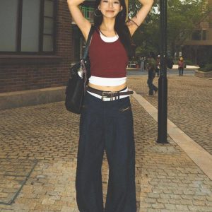 Spicy Girl Sleeveless Color-Blocking Tank Top - Summer Red Faux Two-Piece Slim Fit T-Shirt for American Style Fashion