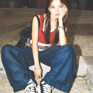 Spicy Girl Sleeveless Color-Blocking Tank Top - Summer Red Faux Two-Piece Slim Fit T-Shirt for American Style Fashion