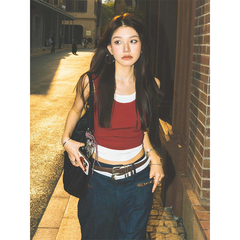 Spicy Girl Sleeveless Color-Blocking Tank Top - Summer Red Faux Two-Piece Slim Fit T-Shirt for American Style Fashion