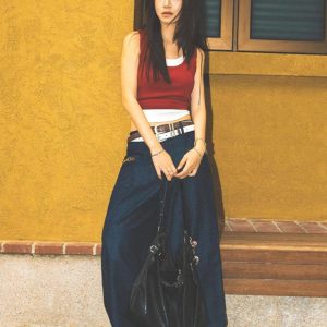 Spicy Girl Sleeveless Color-Blocking Tank Top - Summer Red Faux Two-Piece Slim Fit T-Shirt for American Style Fashion