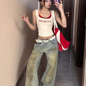 Spicy Girl Sleeveless Summer Tank Top - Color-Blocking, Waist-Cinching, Slim Fit, American Style, Y2K Inspired