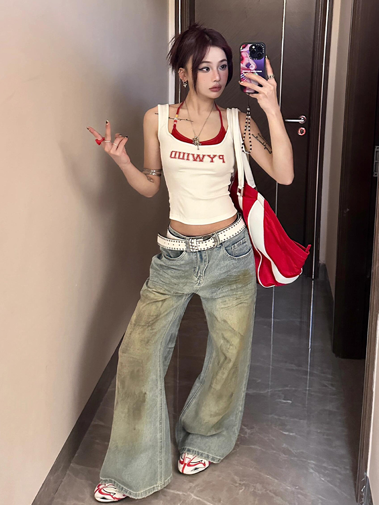 Spicy Girl Sleeveless Summer Tank Top - Color-Blocking, Waist-Cinching, Slim Fit, American Style, Y2K Inspired Spicy Girl Sleeveless Summer Tank Top - Color-Blocking, Waist-Cinching, Slim Fit, American Style, Y2K Inspired