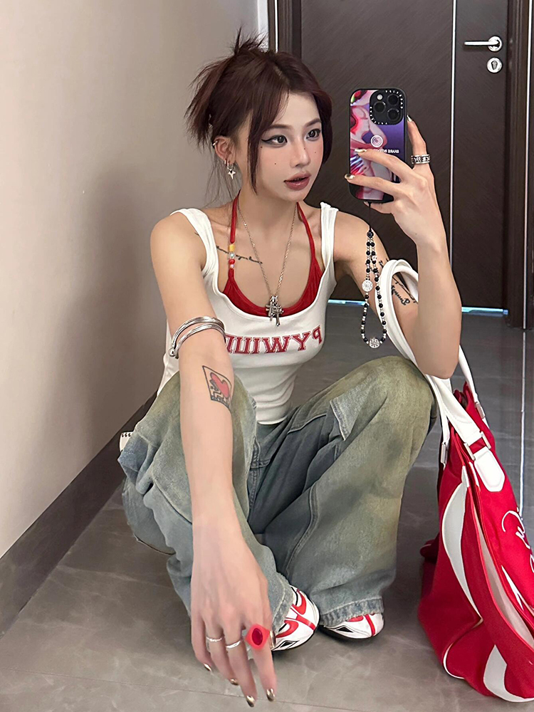 Spicy Girl Sleeveless Summer Tank Top - Color-Blocking, Waist-Cinching, Slim Fit, American Style, Y2K Inspired Spicy Girl Sleeveless Summer Tank Top - Color-Blocking, Waist-Cinching, Slim Fit, American Style, Y2K Inspired