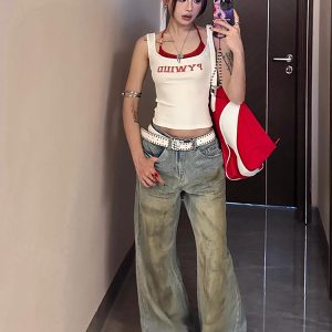 Spicy Girl Sleeveless Summer Tank Top - Color-Blocking, Waist-Cinching, Slim Fit, American Style, Y2K Inspired