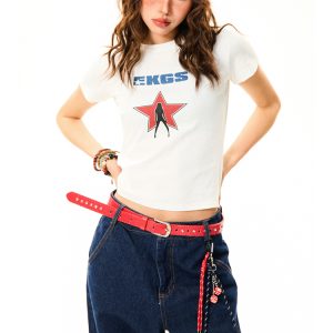 Spicy Girl Star Print Short Sleeve T-Shirt for Women - Slim Fit Summer Top in American Style, Perfect for Y2K and Casual Looks