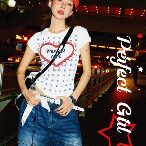 Spicy Girl Star Print Short Sleeve T-Shirt for Women - Summer Slim Fit Versatile Top, American Style, 90s Inspired Fashion