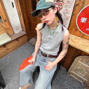 Spicy Girl Tank Top - American Style Knitted Sleeveless T-Shirt with Letter Embroidery - Summer Basic Street Fashion