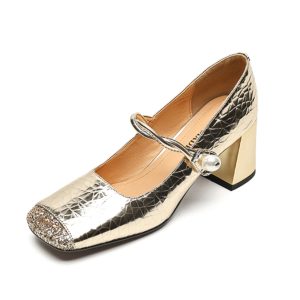 Spliced Sheepskin High Heeled Chunky Mary Jane Shoes for Women - Square Toe, Plus Size, Spring Summer 2025 Fashion