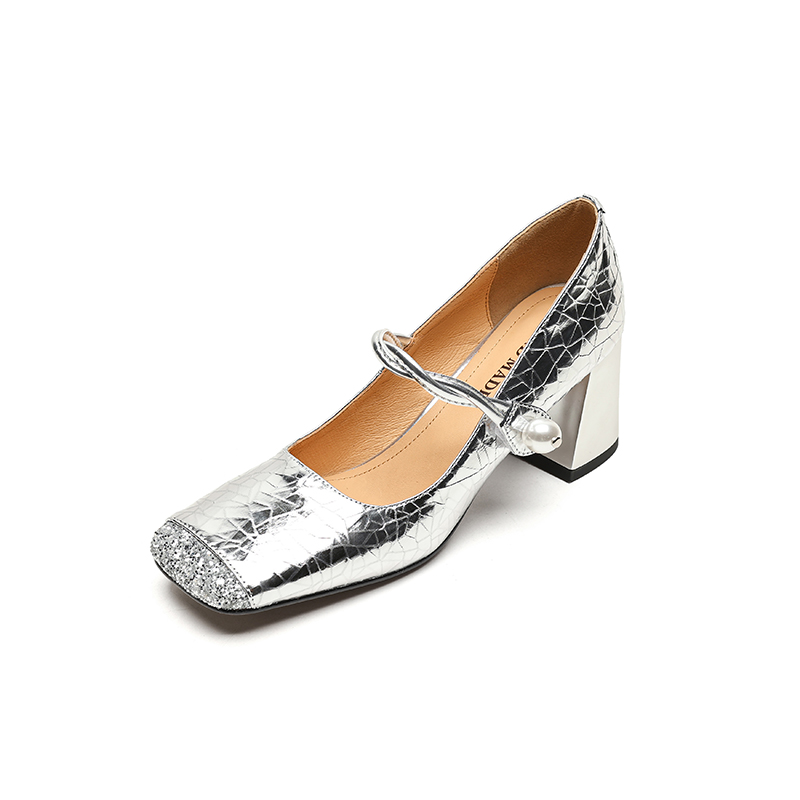 Spliced Sheepskin High Heeled Chunky Mary Jane Shoes for Women - Square Toe, Plus Size, Spring Summer 2025 Fashion