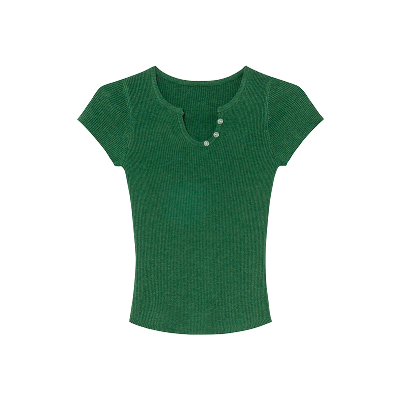 Split Hem Small Round Neck Knitted Short Sleeve T-Shirt for Women - Summer 2025 Niche Slim Fit Top, Perfect for 90s and Y2K Styles Split Hem Small Round Neck Knitted Short Sleeve T-Shirt for Women - Summer 2025 Niche Slim Fit Top, Perfect for 90s and Y2K Styles