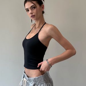 Spoon-Shaped Round Neck Semi-Backless Vest - Basic Hacker Comfort Zone Waist-Defining Top for Y2K and Korean Style Fashion