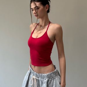 Spoon-Shaped Round Neck Semi-Backless Vest - Basic Hacker Comfort Zone Waist-Defining Top for Y2K and Korean Style Fashion