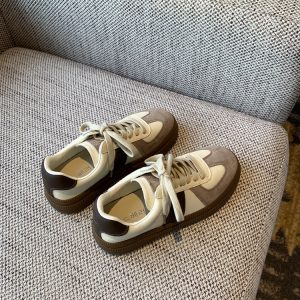 Spring 2025 Casual Sports Sneakers - Color-Blocking Genuine Leather Lace-Up Thick-Soled Retro Training Shoes for Students