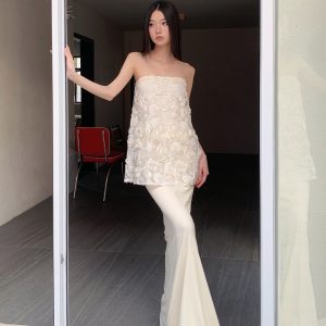 Spring Ode 3D Rose Embroidery Floral Sequin Strapless A-Line Mermaid Dress with Tulle Set - Perfect for Weddings and Parties