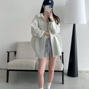 Spring Summer Women’s Striped Long Sleeve Shirt - Casual Sun Protection Top, Loose Slimming Fit, Korean Style Vacation Wear