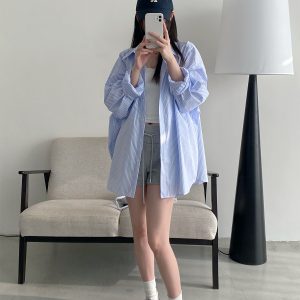 Spring Summer Women’s Striped Long Sleeve Shirt - Casual Sun Protection Top, Loose Slimming Fit, Korean Style Vacation Wear