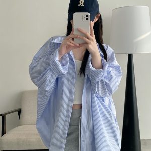 Spring Summer Women’s Striped Long Sleeve Shirt - Casual Sun Protection Top, Loose Slimming Fit, Korean Style Vacation Wear