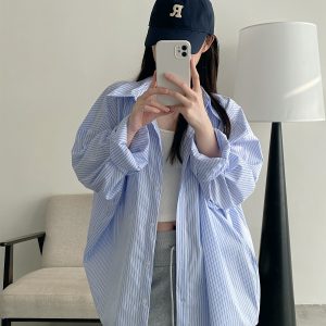Spring Summer Women’s Striped Long Sleeve Shirt - Casual Sun Protection Top, Loose Slimming Fit, Korean Style Vacation Wear