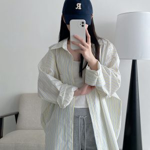 Spring Summer Women’s Striped Long Sleeve Shirt - Casual Sun Protection Top, Loose Slimming Fit, Korean Style Vacation Wear